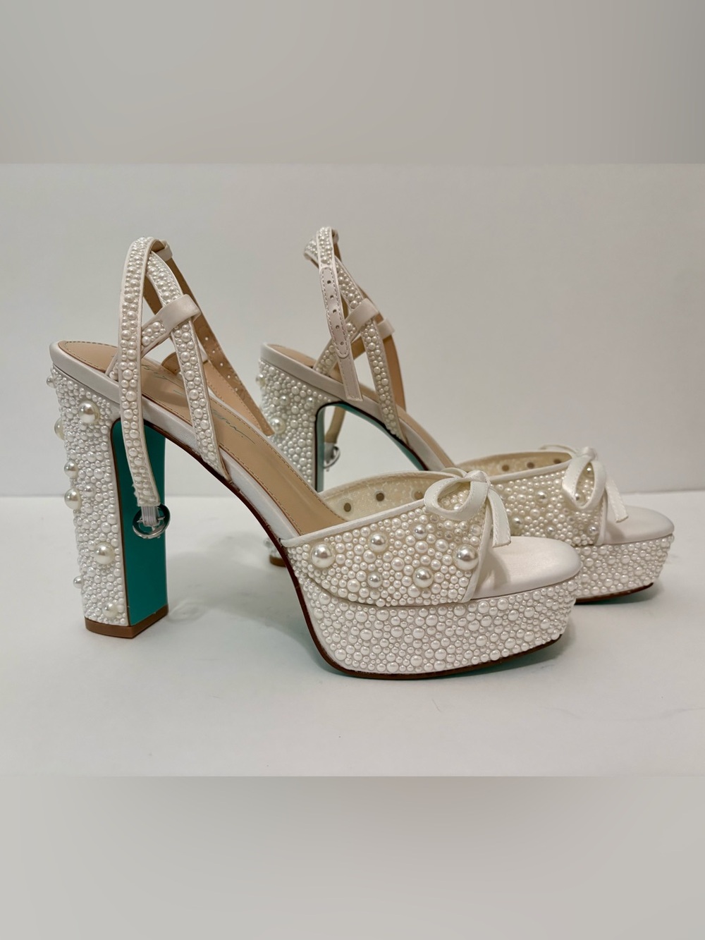 Betsey Johnson Enola Ivory Pearl Platform Ankle Strap High Heels